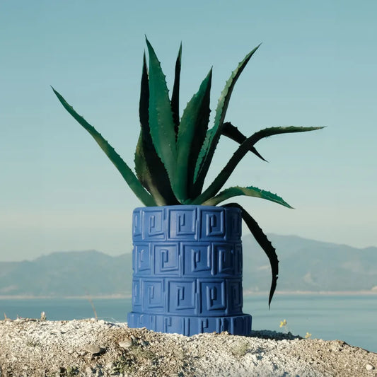 Terracotta Vase with Saucer Greca Blue